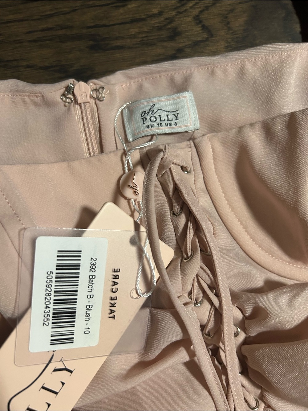 Oh Polly Nude Blush Ruched Lace-Up Long Sleeve Bodycon Dress - Picture 6 of 6